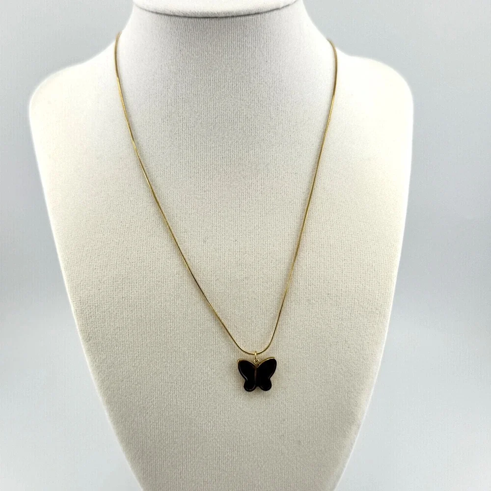 Gold‎ Tone Butterfly Pendant Necklace Black Inlay Snake Chain